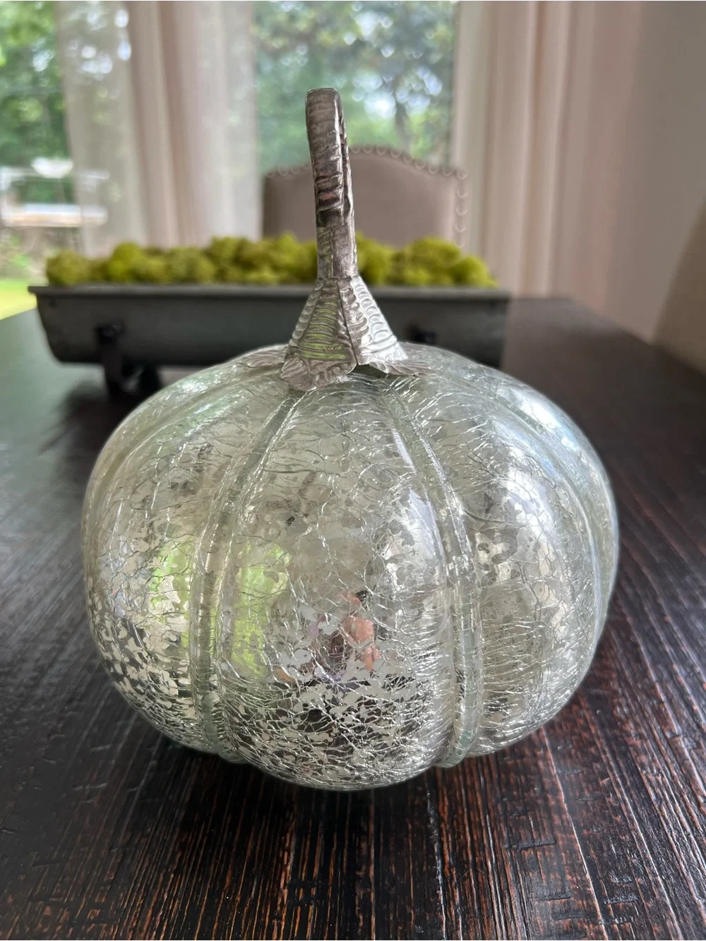Mercury Crackle Glass Pumpkin Decoration, Silver Tone Metal Stem